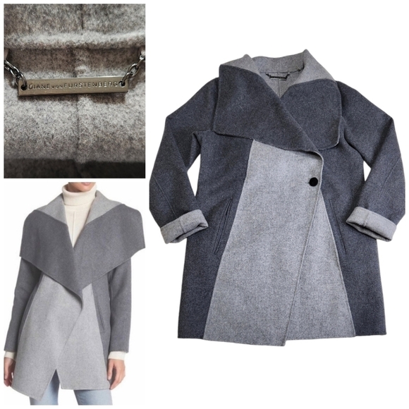 Diane Von Furstenberg Shannon Wool Blend Felted Two Tone Coat Gray Womens Sz Sm - Picture 1 of 13